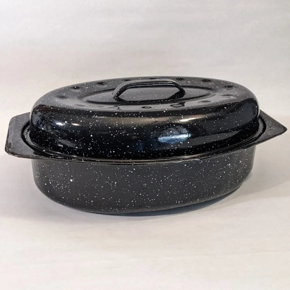Vintage Graniteware Roasting Pan Black White Speckled Enamelware Oval Lidded 13